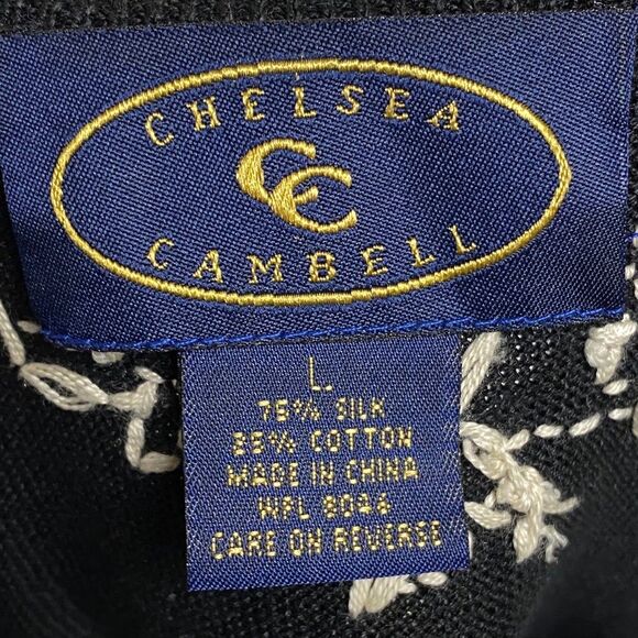 Chelsea Cambell Silk Cotton Blend black cream embroidered Cardigan Sweater Sz M - Picture 8 of 8